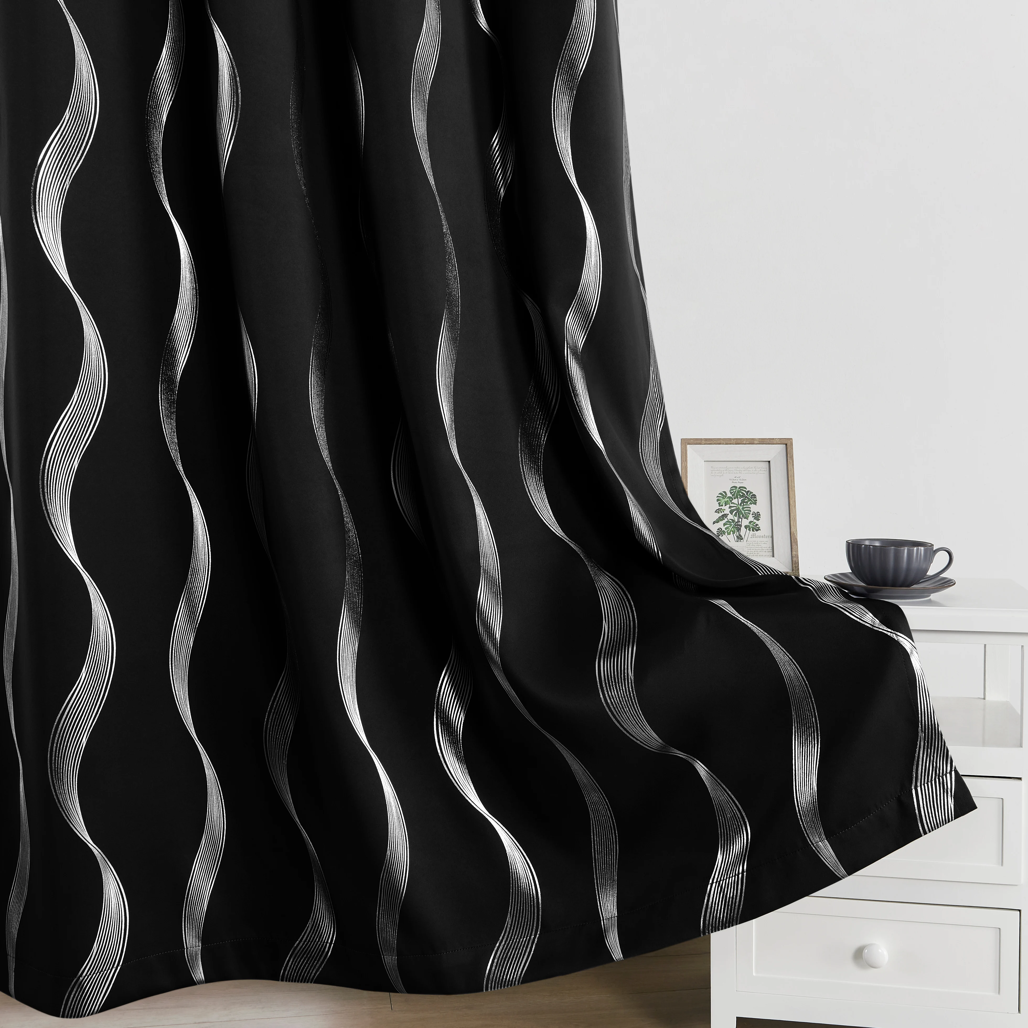 4PCS Blackout Curtains Grommet Thermal Insulated Room Darkening  With Wave Foil Printed For Bedroom