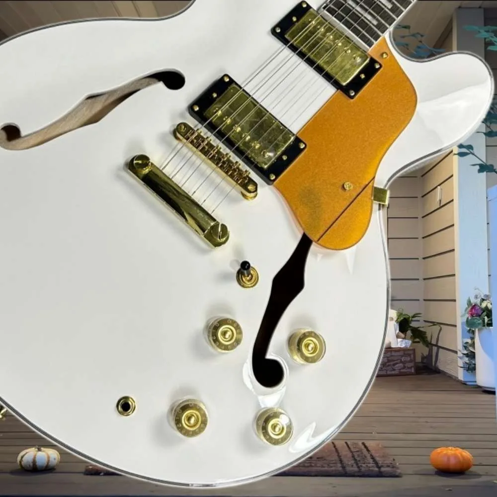 White Semi Hollow Body 335 Electric Guitar HH Pickups Full Warm Tone Gold Tune-O-Matic Bridge Gold Hardware Versatile Blues Jazz