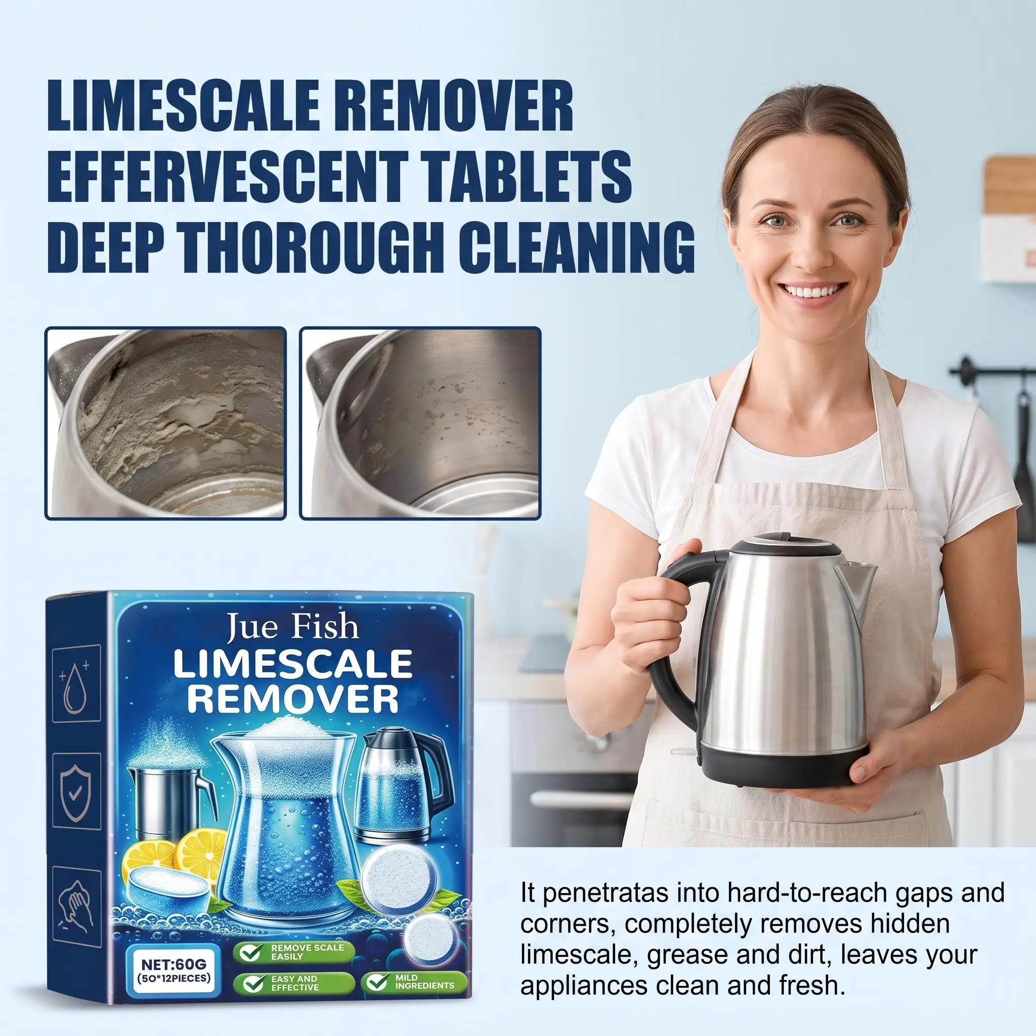 Descaler Effervescent Tablets Fast Dissolve Limescale Food Grade Limescale Remover For Electric Kettle,Water Boiler,Coffee Maker
