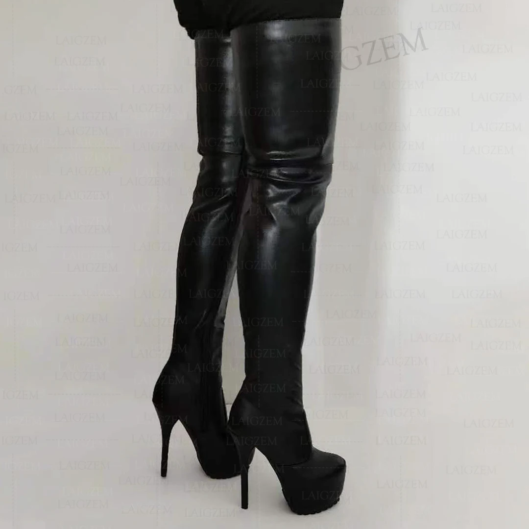 

LAIGZEM Full Zipper Women Thigh High Boots Faux Leather Thin High Heels Boots Over Knee Ladie Shoes Woman Plus Size 41 43 47 48