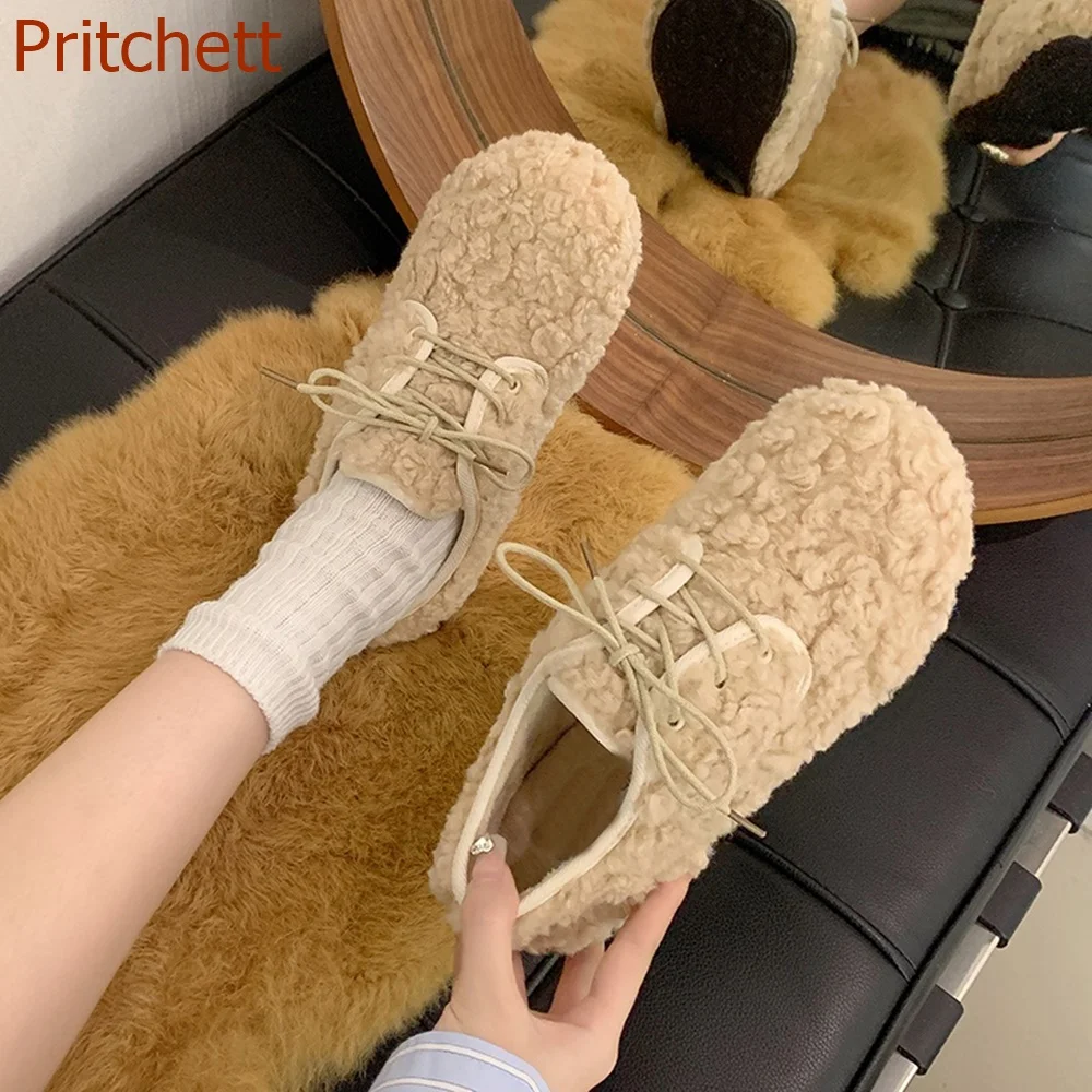 

Round Toe Fur Women Shoes Flat Sole Fashion Casual Comfortable Winter Solid Cross Tied Cover Heel Women Shoes 2023 New Arrivals