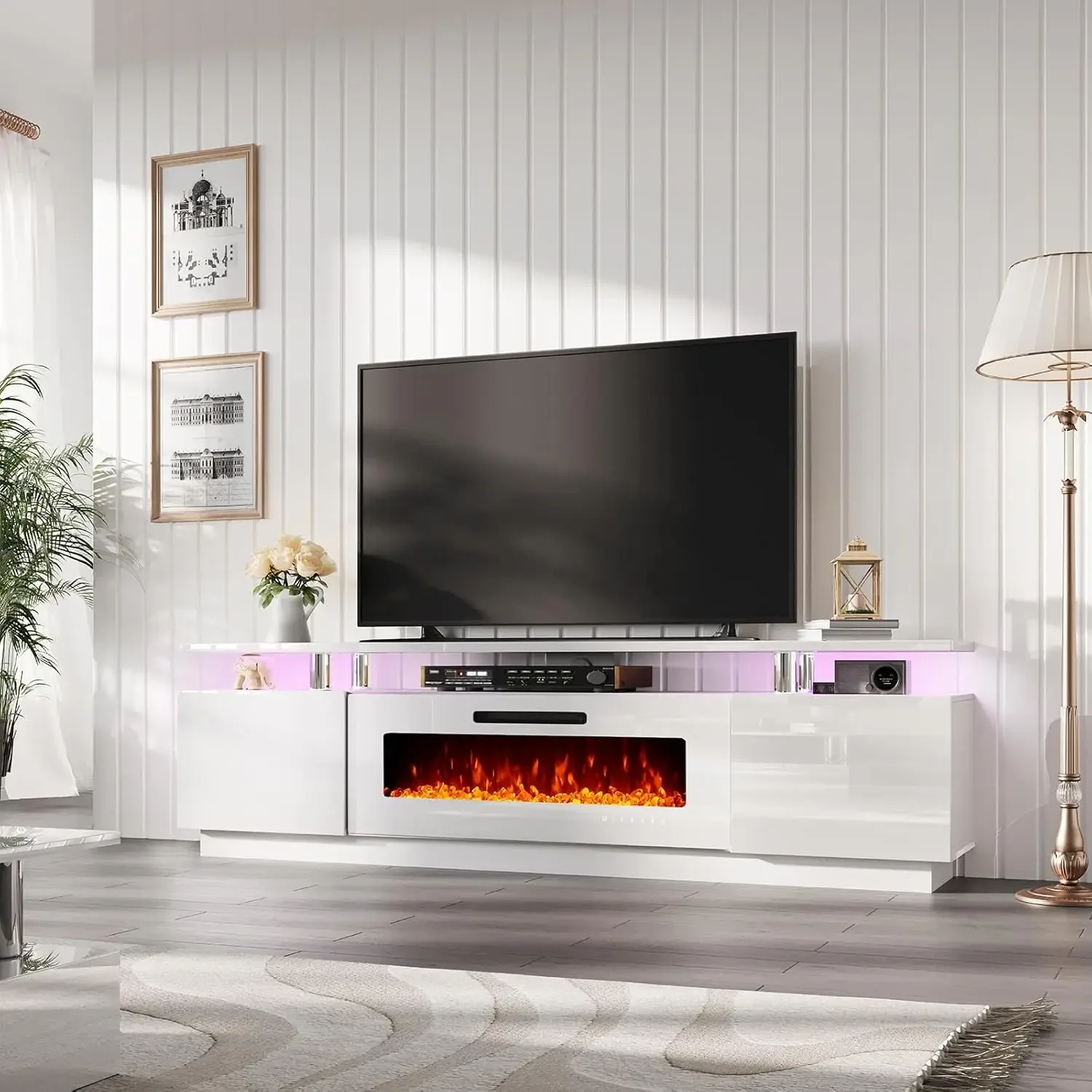 Soporte para TV con chimenea de 40", luces LED modernas para centro de entretenimiento con chimenea de alto brillo de 80", blanco y blanco