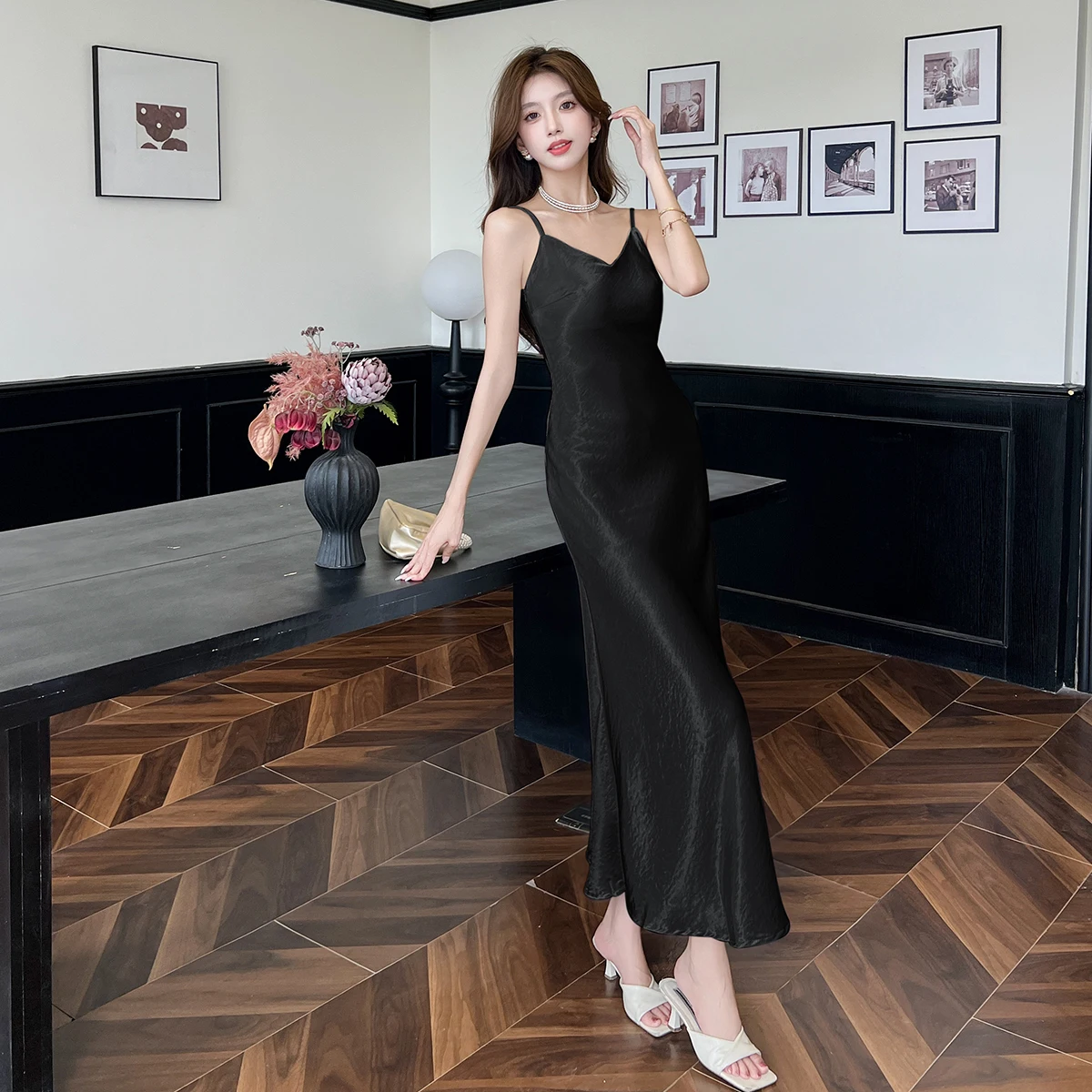 Robe longue en Satin pour femmes, Vintage, bretelles, Slim, queue de poisson, haut de gamme, robe de soirée, Club