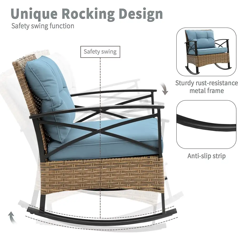 3 Piece Patio Rocking Bistro Set, PE Rattan Rocking Chairs Set of 2 and Steel Side Table, Outdoor Furniture Conversation Set