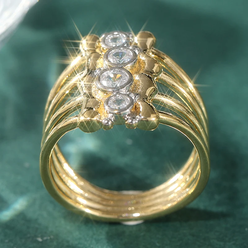 Vintage Zweifarbig Eingelegter Weißer CZ Damenring Geometrisch Ausgehöhlt Tägliches Tragen Party-Schmuck – Detail 3