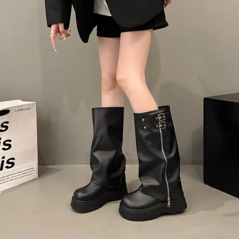 

Современные ботинки до колена на высоком каблуке, весенне-осенняя женская обувь с пряжкой, хит продаж 2025, однотонные женские ботинки без шнуровки в уличном стиле