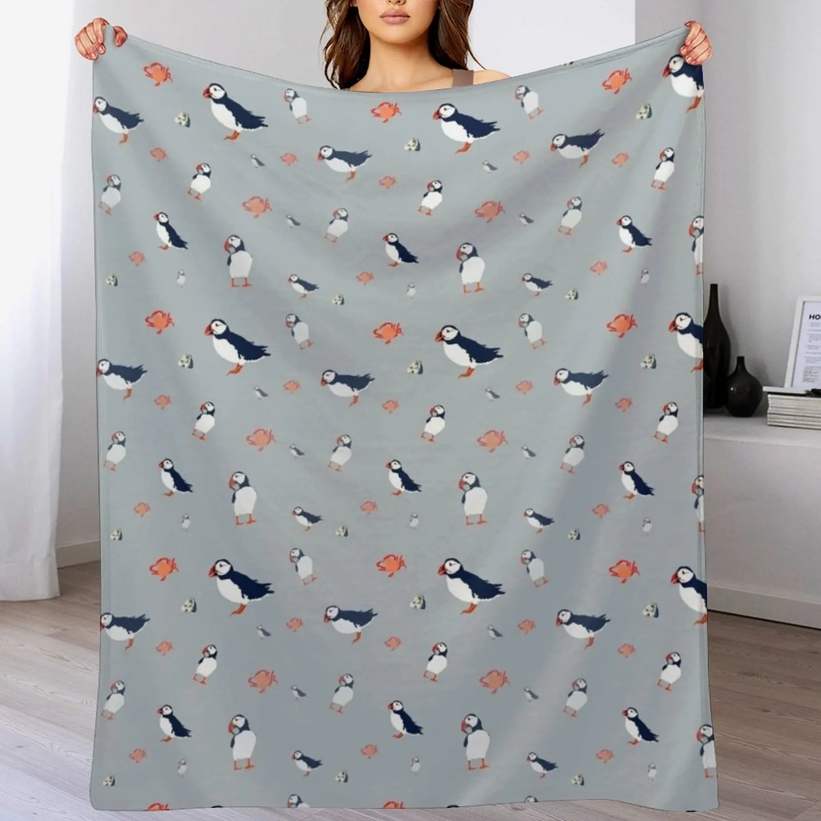 Puffins on grey Throw Blanket Camping Sofa Throw christmas gifts Blankets