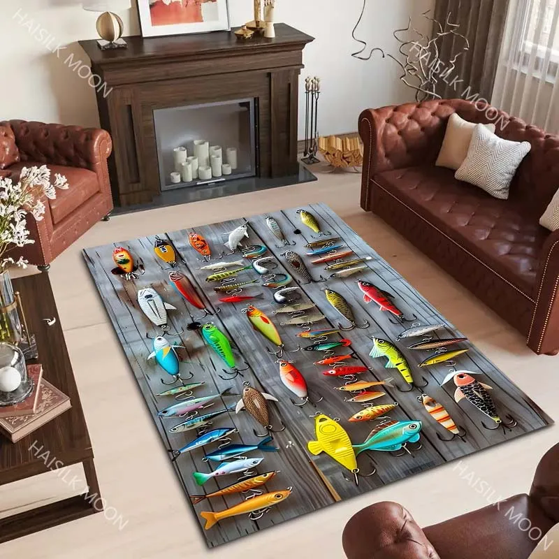Fishing Enthusiasts Equip Themselves with Fishing Rods and Bait Carpet for Living Room Bedroom Sofa Home Decor Non-slip Rugs