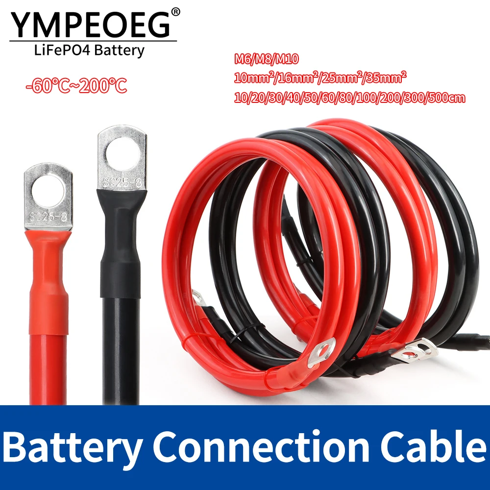 Soft Car Battery Inverter Connection Silicone Cable M6 M8 M10 Terminal 10/16/25/35mm2 Tin-plated Lug For Solar System UPS