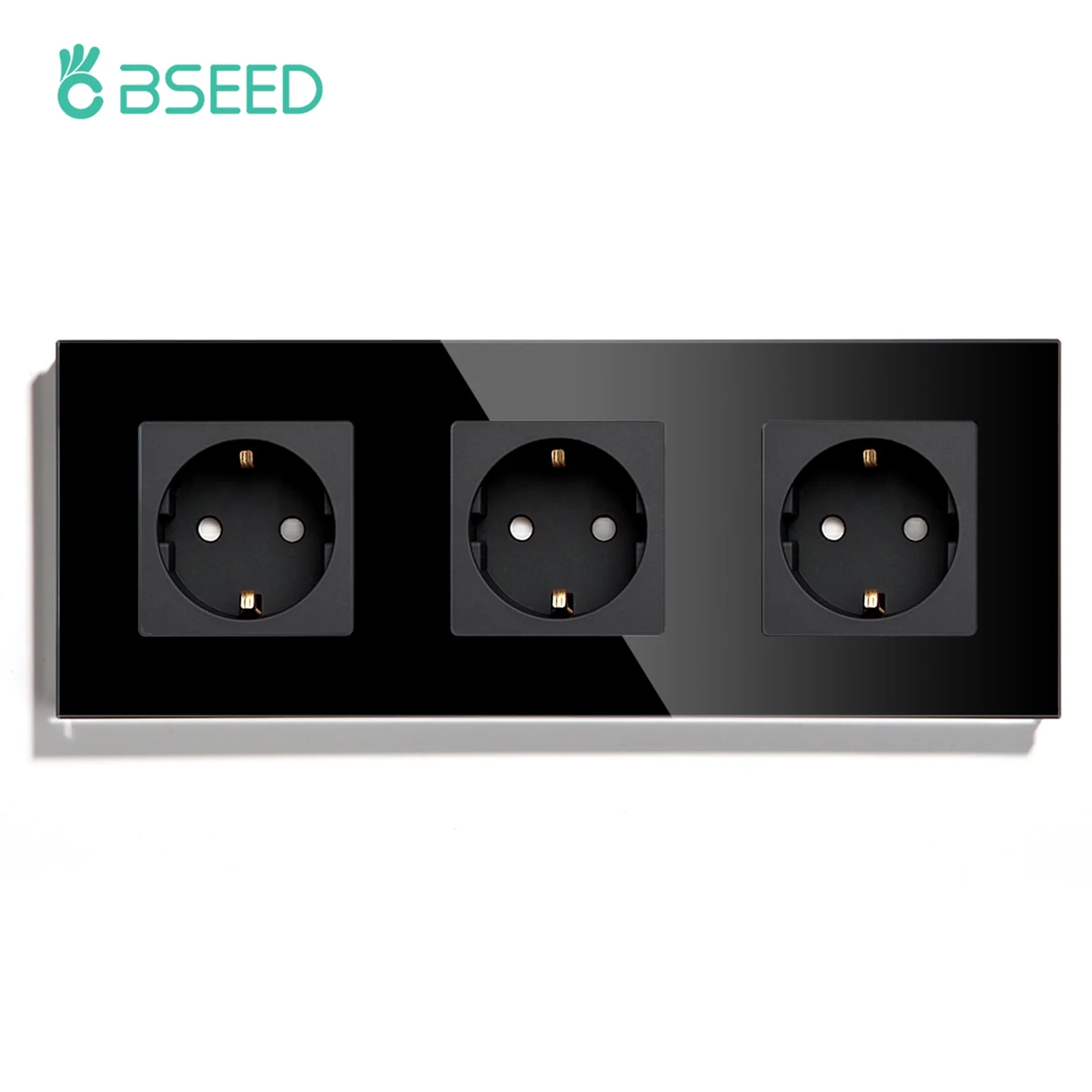 BSEED EU-Standard-Einzelwandsteckdose, doppelte Netzstecker mit weißer schwarzer Kristallglasscheibe, Dreifachsteckdosen, 16 A, 110 V-250 V