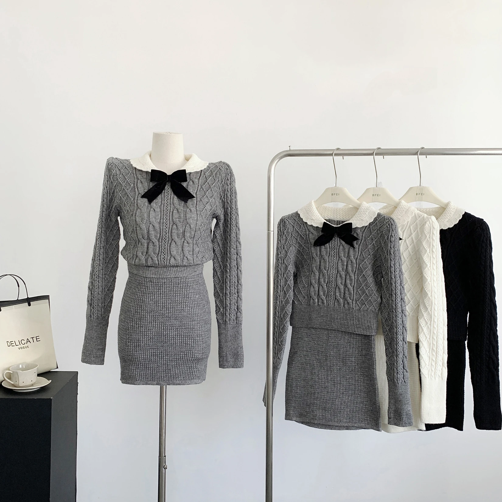 Solid Knitted Sweater Two-piece Set Women\'s Spring Autumn Bow Design Doll Collar Long Sleeves Top+High Waist Elastic Slim Skirt