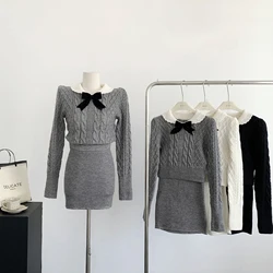 Solid Knitted Sweater Two-piece Set Women's Spring Autumn Bow Design Doll Collar Long Sleeves Top+High Waist Elastic Slim Skirt