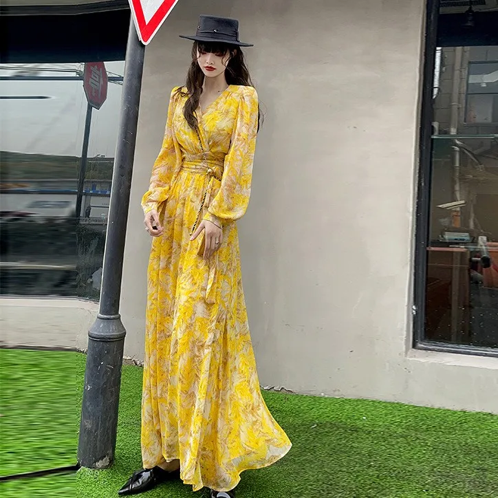 

Vestidos V-neck Printed Long Dress For Women Spring Summer Long Sleeve Maxi Dresses 2024 Female Commuting High Street Vestidos