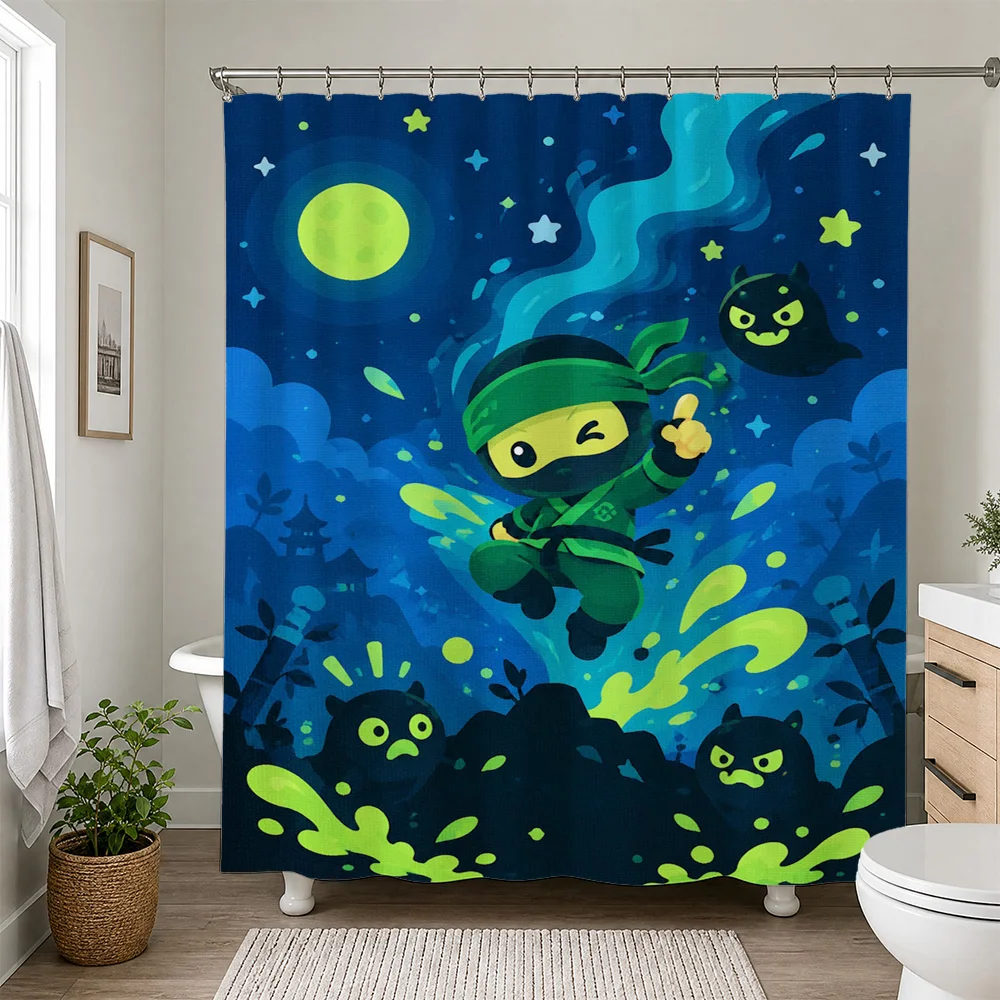 Ninja Turtle Shower Curtain Blue Night Scene Cartoon Bathroom Decor Fun Kids Shower Curtain