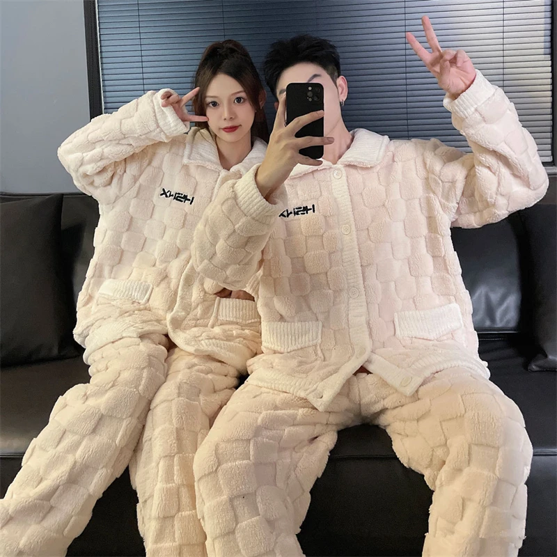 2024 Warm Thicken Coral Fleece Couple Sleepwear for Sleeping Men\'s Winter Pajamas Korean Pijamas Para Parejas Women Pajama Sets