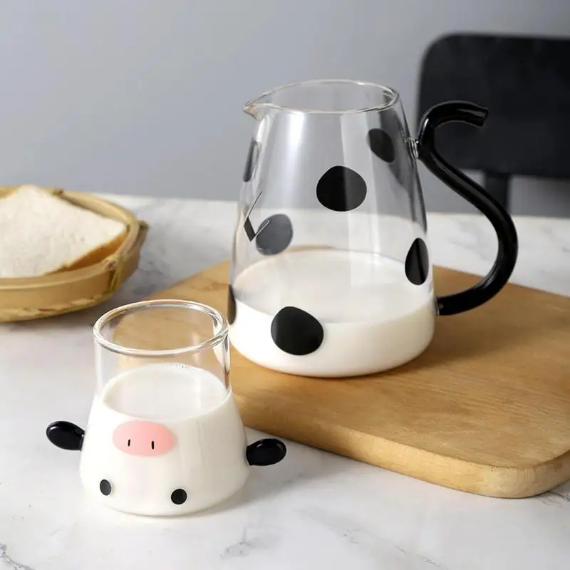 Cute Cow Shape Glass Jug Heat-Resistant Cartoon Cute Cow Shape Tea Pot and Cup Set Water/Milk Cold Kettle Coffee Pot