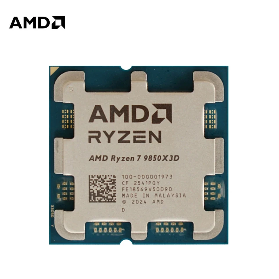 Processeur AMD Ryzen 7 9850X3D 8 cœurs, 4,7 GHz en mode basse consommation, 5,6 GHz en mode boost, 96 Mo de cache L3, socket AM5, DDR5, 120 W TDP, sans ventilateur