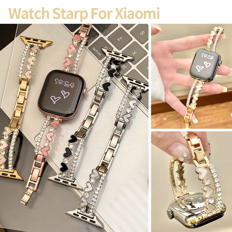 Luxury Bling Heart Diamond Metal Strap for Mi Band 10 9 8 Pro Elegant Sparkling Women Bracelet for Xiaomi S4 S3 Replacement Band