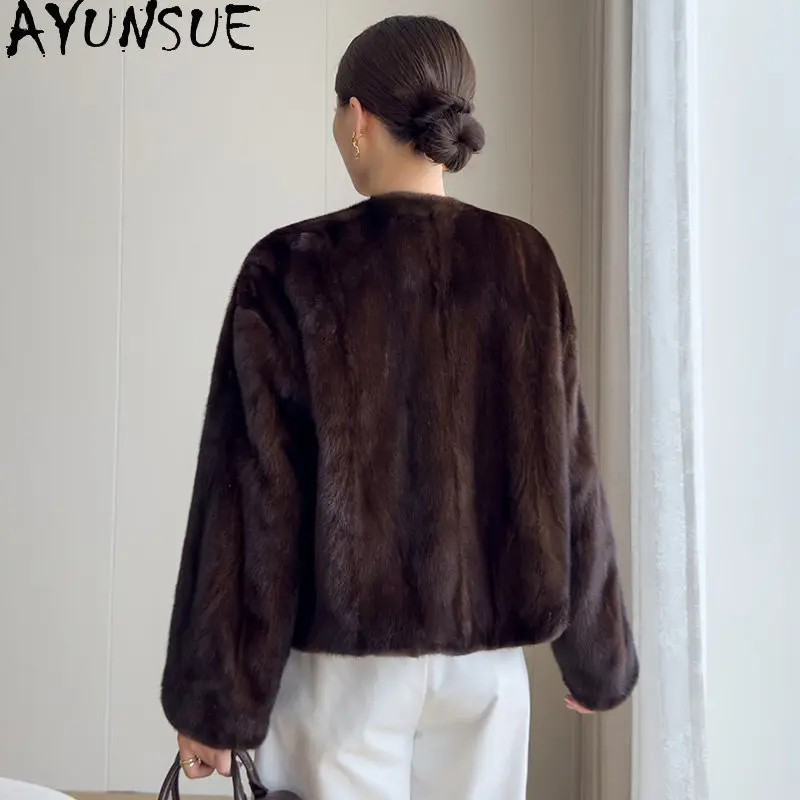 AYUNSUE Whole Mink Real Fur Coat Woman Luxury Winter Fur Jacket Long Sleeve Tops Warm Fur Coats Woman Clothes Roupas Feminina