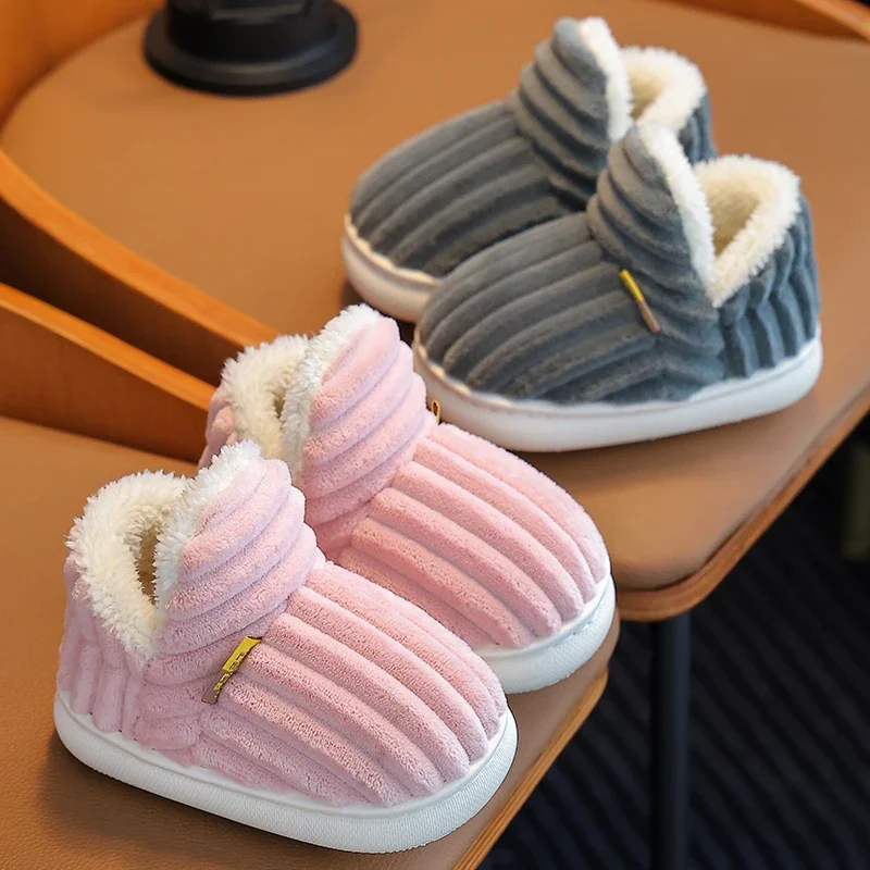 Winter Concise Stripe Children's Fluffy Slippers For Kids Boys Girls Non-slip Soft Sole Heel Wrap Warm High Home Cotton Shoes
