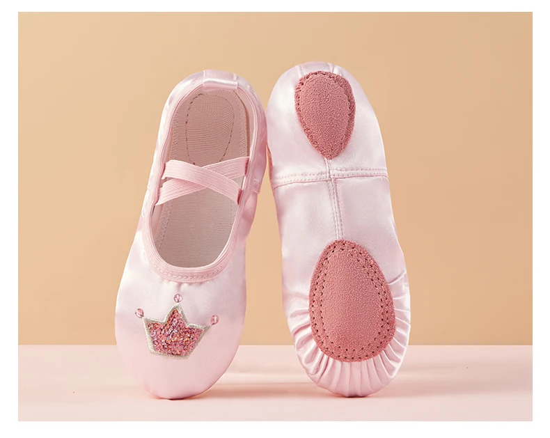 Kindertanzschuhe mit weicher Satin-Sohle, Kronenmuster, rosa Ballettfigur, Übungstanzschuhe, süße Tanzschuhe für Mädchen – Detail 6