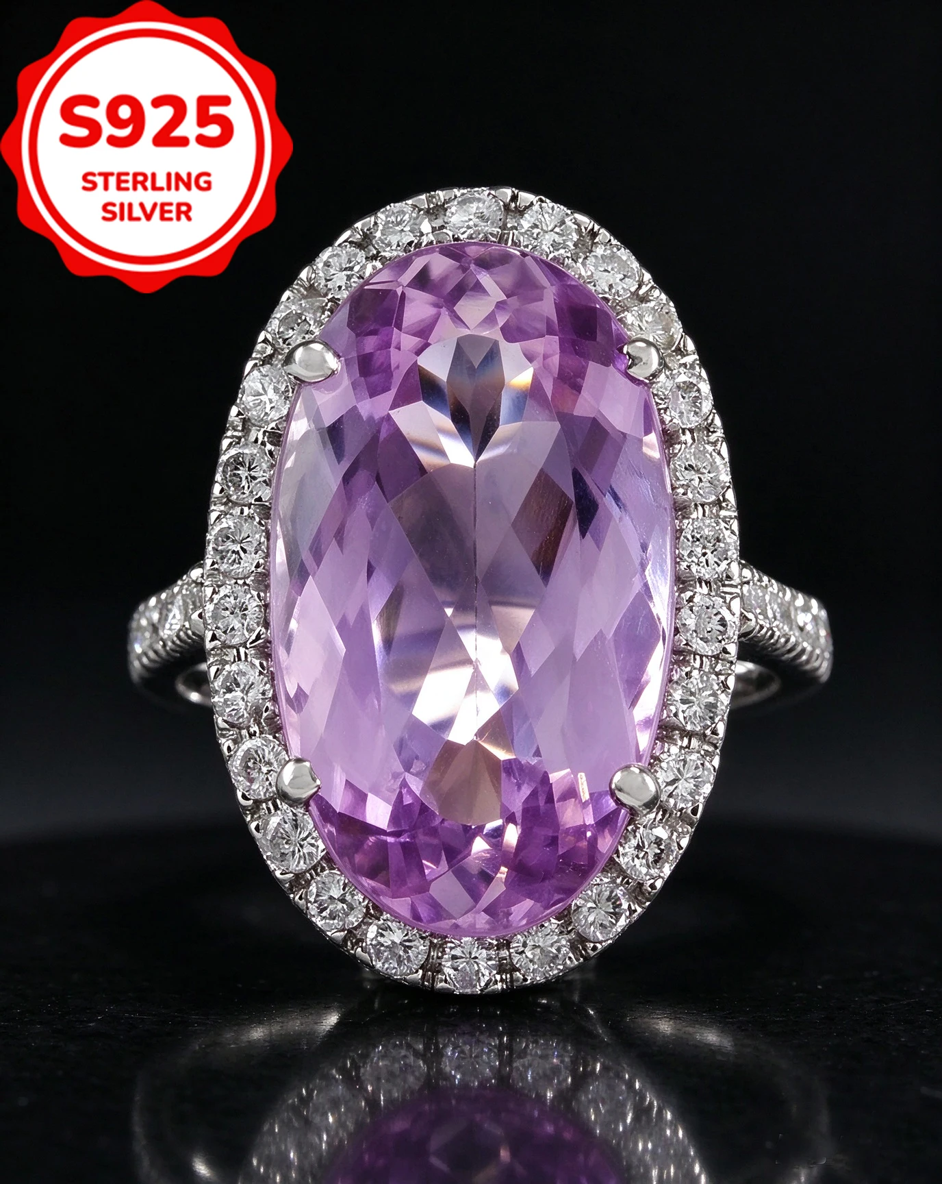 925 Sterling Silver Women Oval Purple Amethyst CZ Ring Halo Diamond Surrounded Finger Ring Vintage Hollow Back Design Engagement