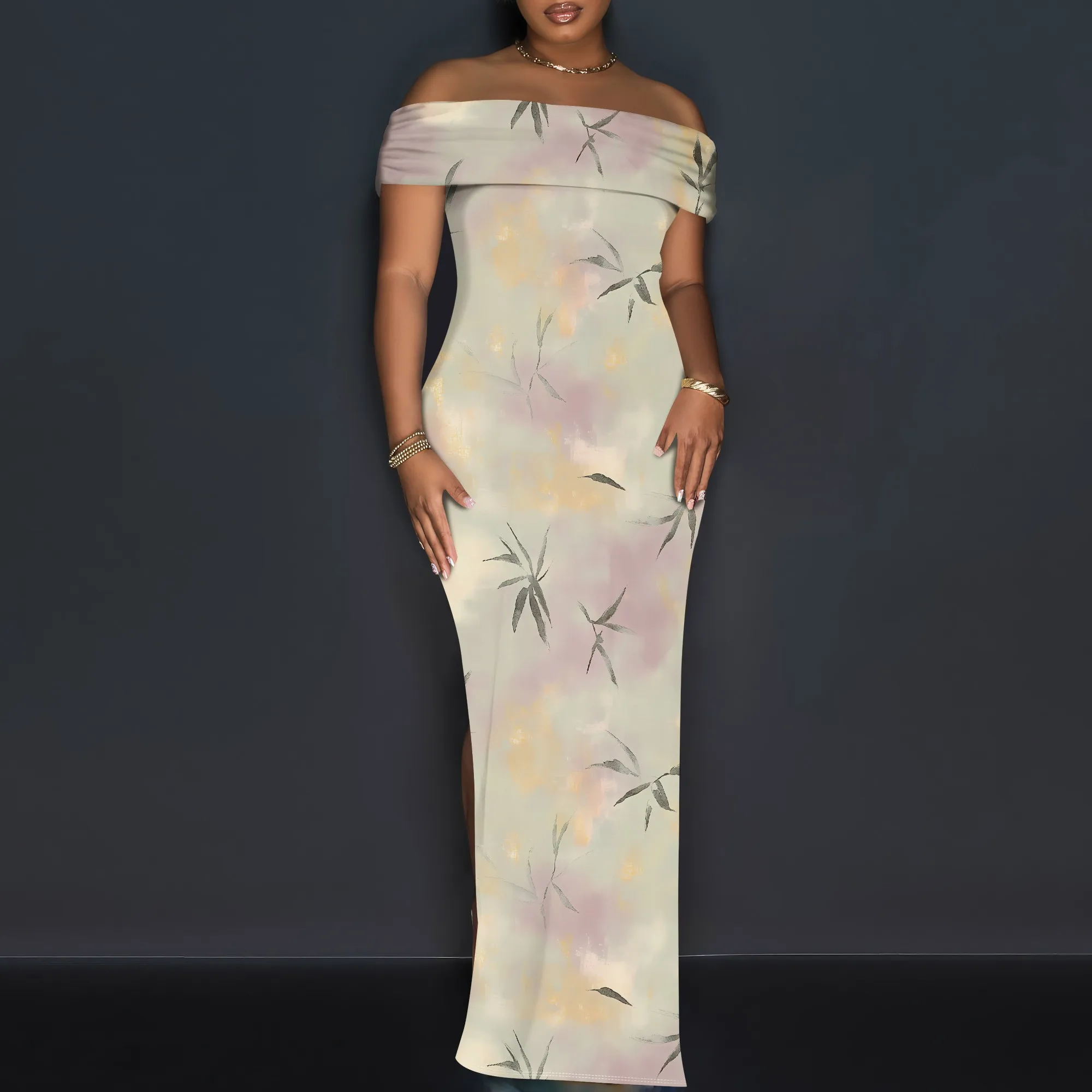 

Soft Bamboo Print Off Shoulder Maxi Dress Women Chinese Ink Style Elegant Long Slim Dress