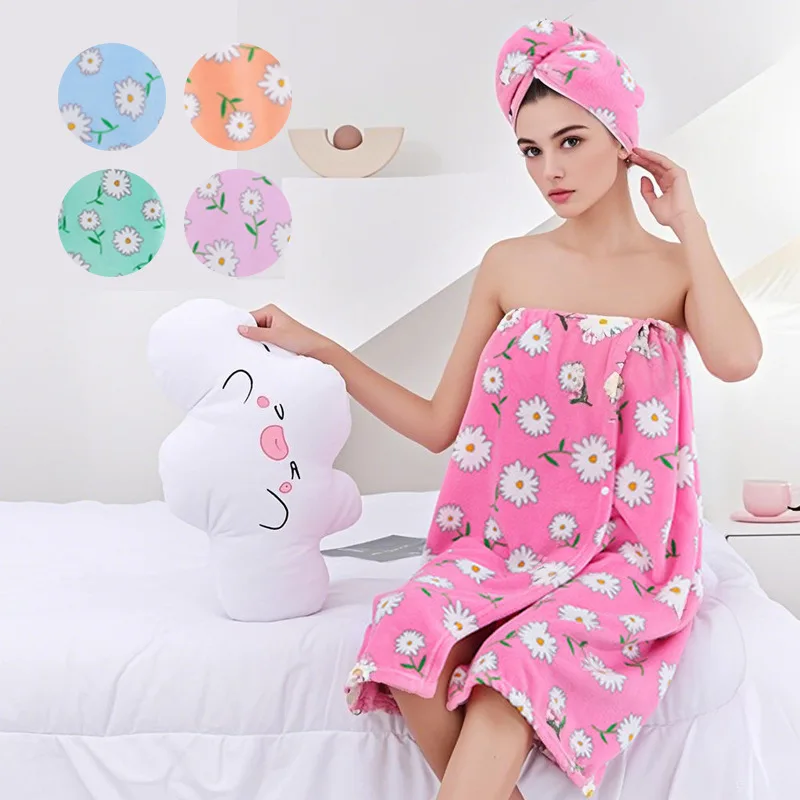 Coral fleece bathrobe and bath cap set, cute daisy print, soft and comfortable thickened women's home bathrobe