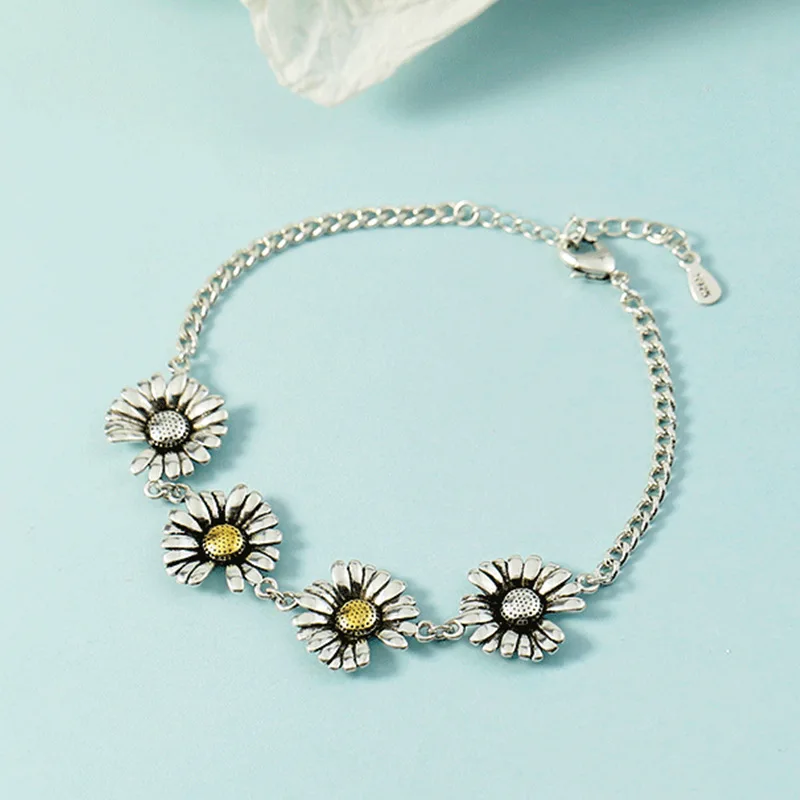 925 Sterling Silver Vintage Daisy Flower Charm Bracelet For Women Bracelets &Bangles Wedding Party Jewelry Gift Jlkfjlda