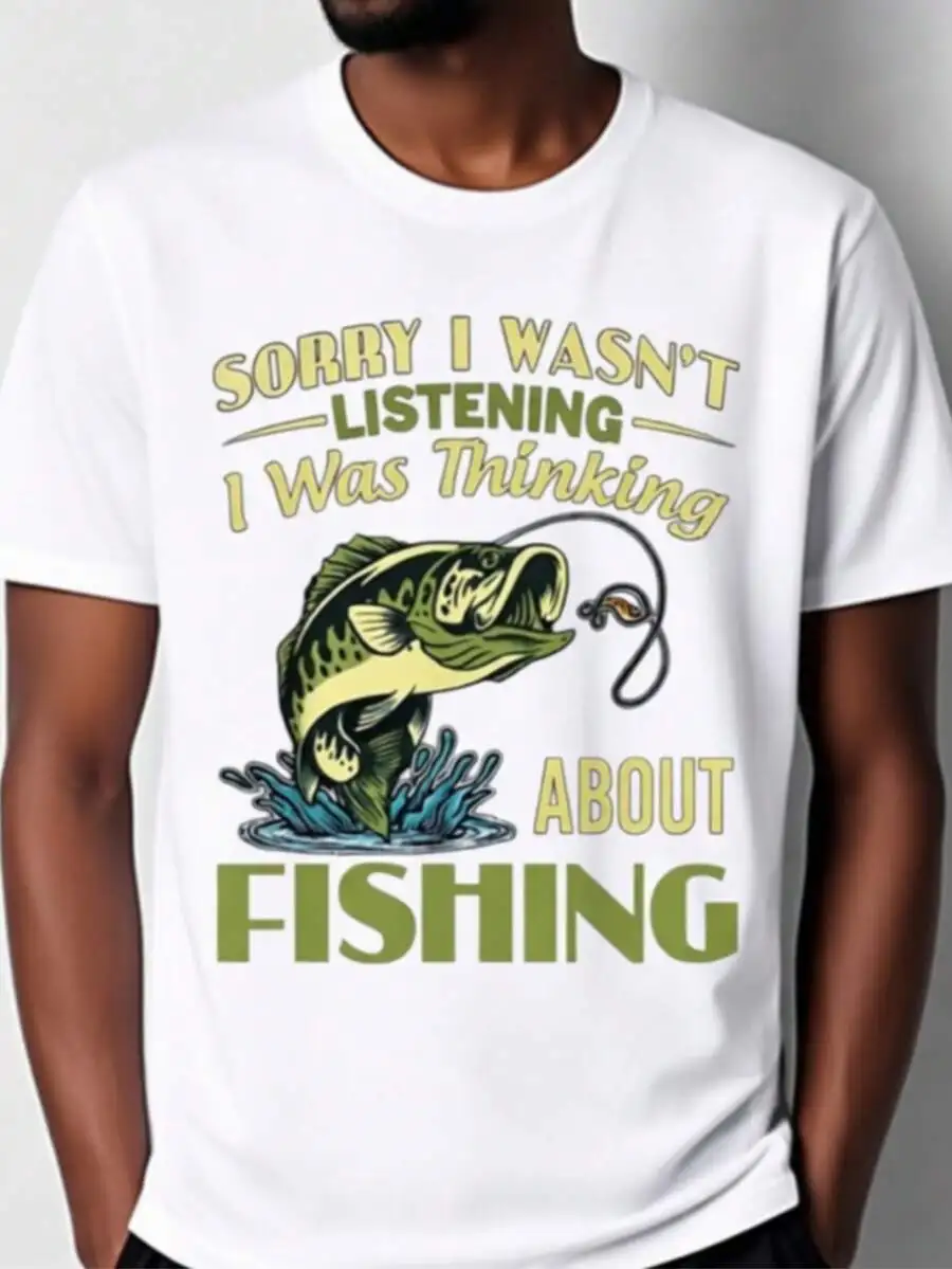 

Mens Cotton Short Sleeve Crew Neck Tee With Humorous Fishing Graphic Design, All Season Comfortable Casual Outdoor Wear