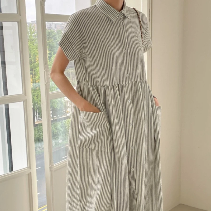 REALEFT Summer Vintage Striped Single Breasted Women\'s Shirt Dresses 2024 New Korean Casual Straight Dress Pockets Female