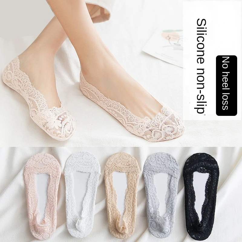 6 Pairs Of Floral Pattern Lace Socks, Summer Non-slip Silicone No Show Boat Socks, Breathable Ballerina Socks For Women