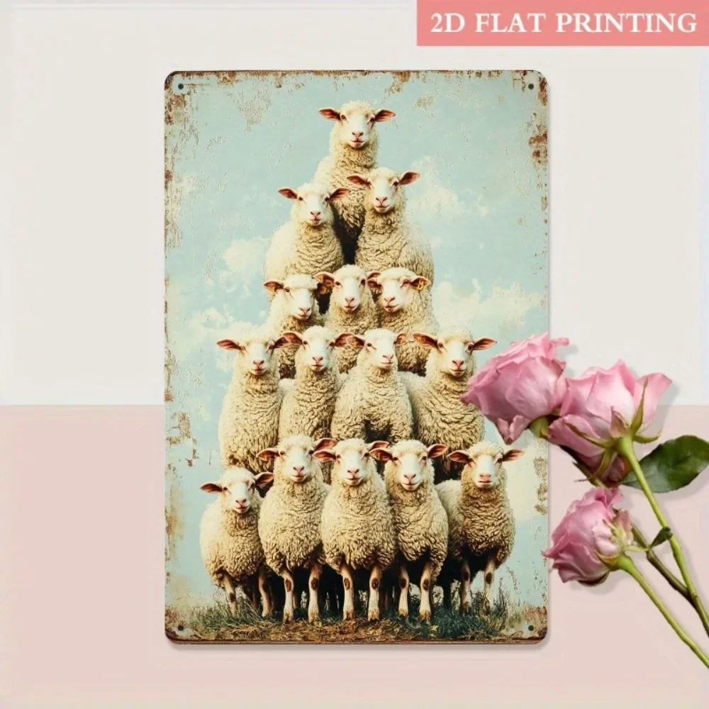 Vintage Stacked Sheep Metal Sign, Rustic Farm Animal Wall Art on Weathered Blue 8x12 Inch for Farmhouse, Garden & Patio Decor