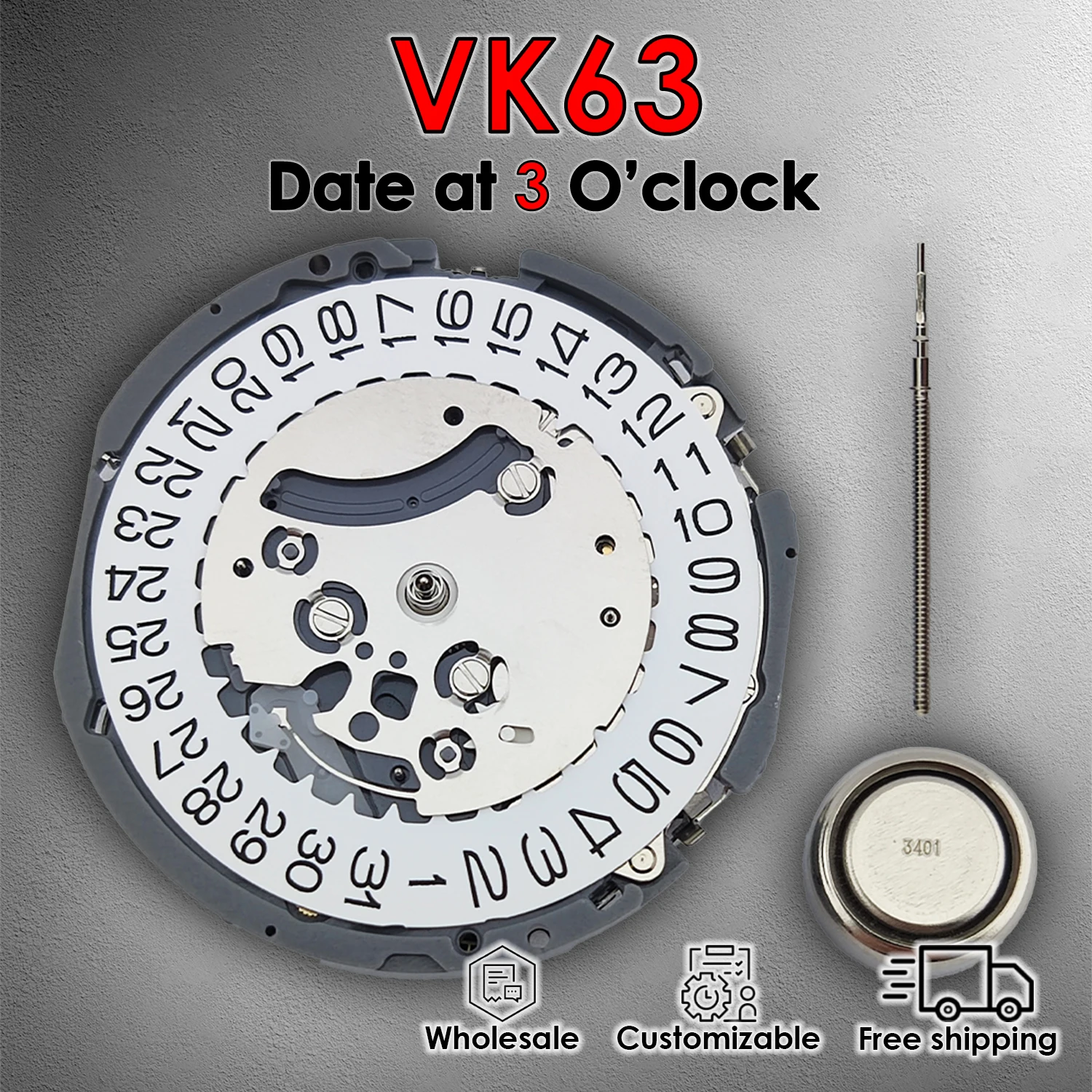 

VK63 Movement Quartz Date at 3 O'clock High Accuracy Watch parts Chronograph Customizable Refit accessory Watch movement