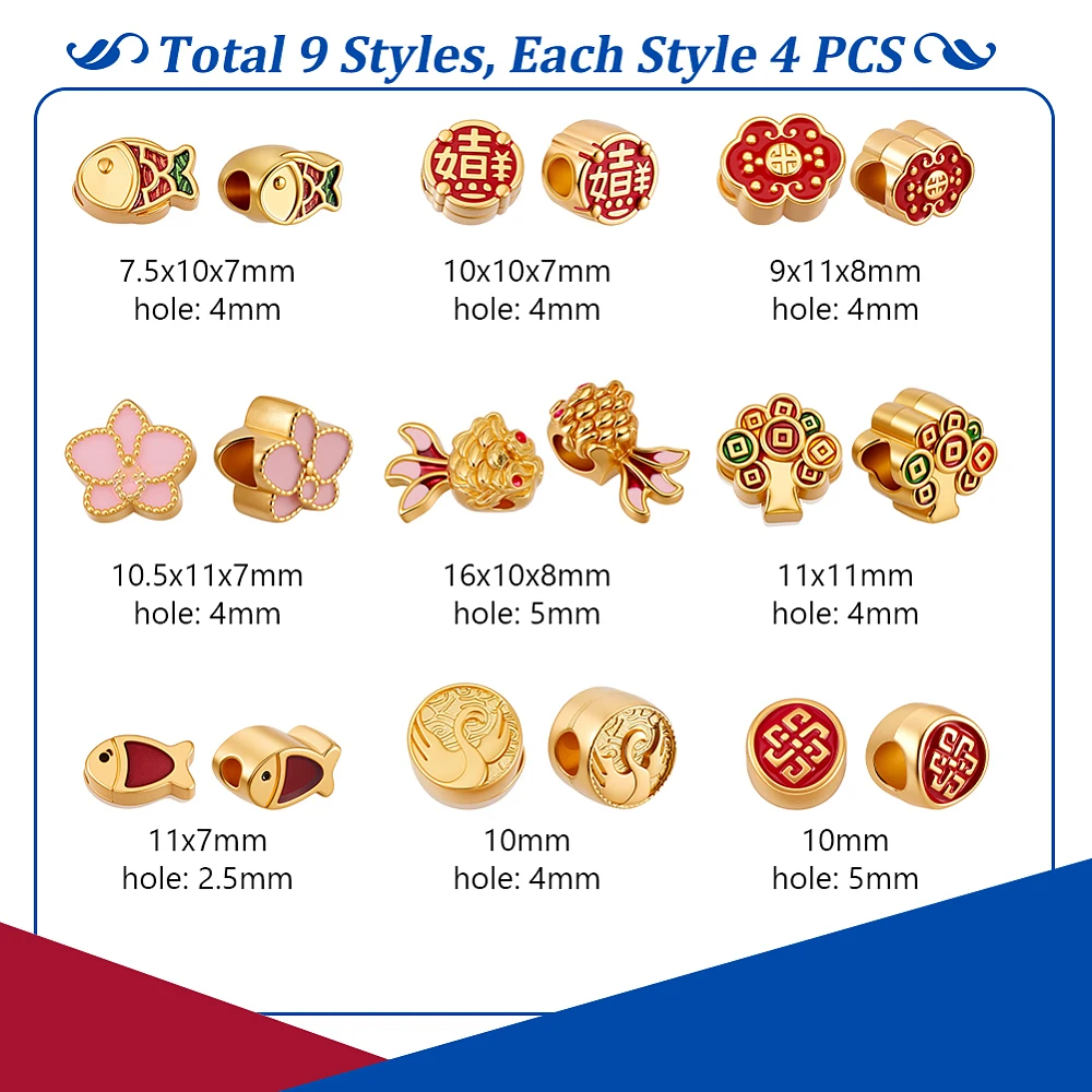 36Pcs 9 Styles Gold Chinese Beads Large Hole Spacer Beads 7~10mm Metal Enamel European Bead for DIY Jewelry Crafts Bracelets