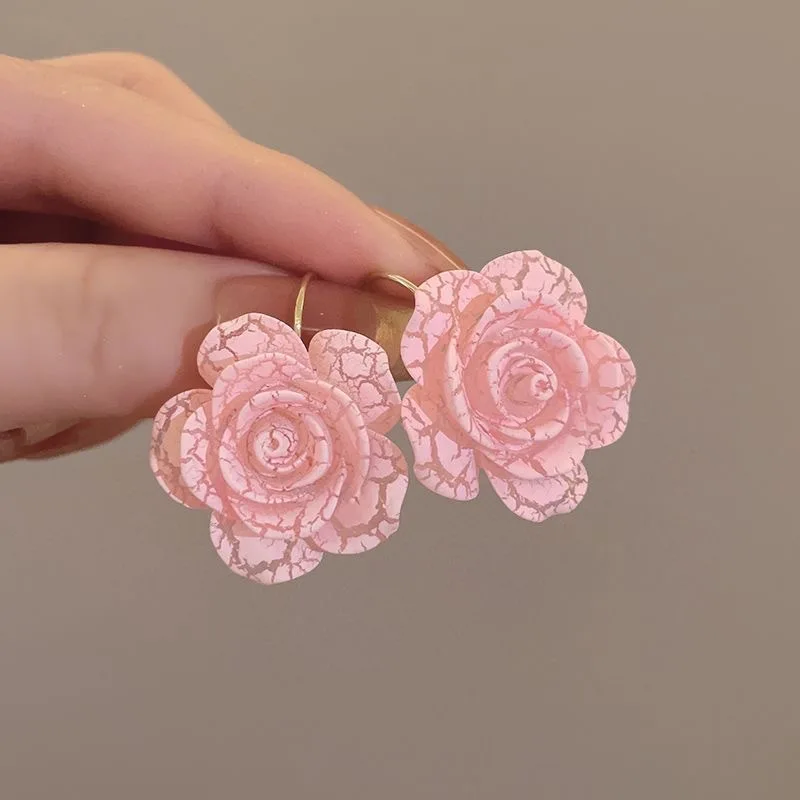 New Pink Flower Drop Earrings for Women Trendy Crack Resin Blooming Camellias Dangle Earrings Wedding Party Elegant Jewelry Gift