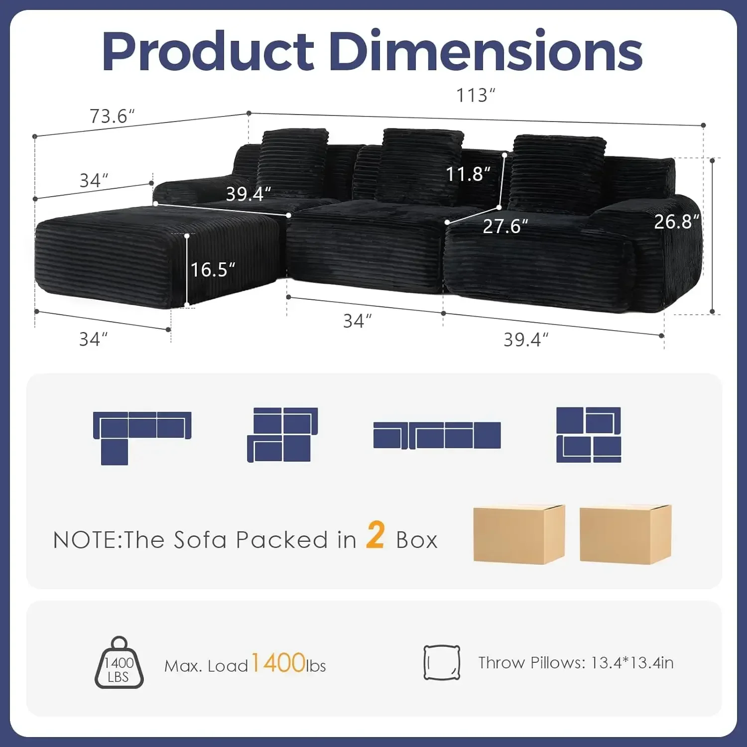 Deep Seat Modular Boneless Cloud Corduroy Sectional Couch Black High Density Foam Armrest