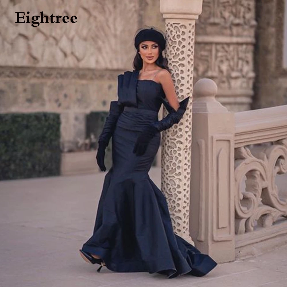 

Eightree Navy Blue Prom Dresses Mermaid Stain Strapless Elegant Long Evening Dress Saudi Arabia Formal Occasion Dresses 2023