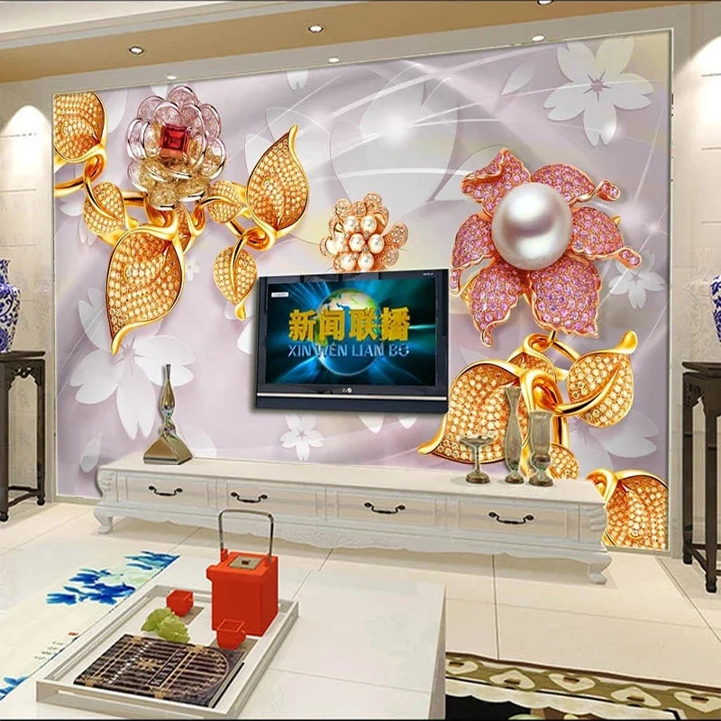 

Custom 3D Mural Wallpaper European Style Gold Jewelry Flower TV Background For Bedroom Walls Papel De Parede Home Décor Tapety