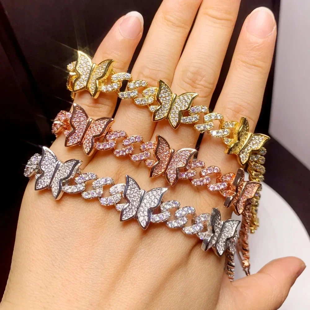 Wholesale Hip Hop Iced Out Bling 5A Zircon Butterfly Charm Bracelet For Women New Fashion Miami Cuban Link Chain Wedding Jewelry