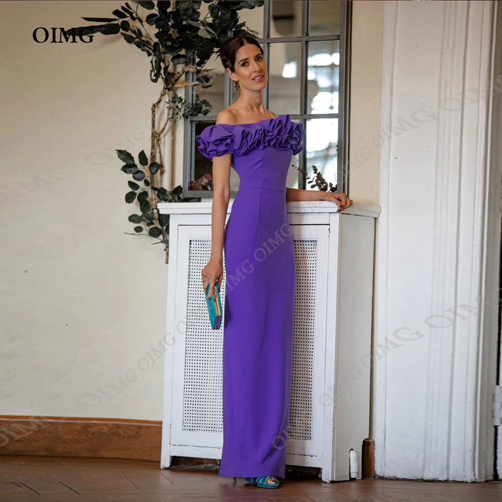 

OIMG Purple Stratch Satin Tiered Beach Custom Evening Dresses Long Sleeves High Neck Arabic Women Prom Gowns Formal Party Dress