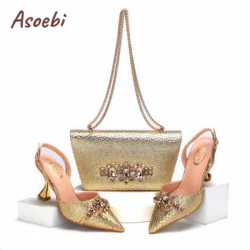 Gold Sandals for Women 2024 Luxury Wedding Pumps High Heels Rhinestone Design Party Shoes and Bags Set for Wedding Party