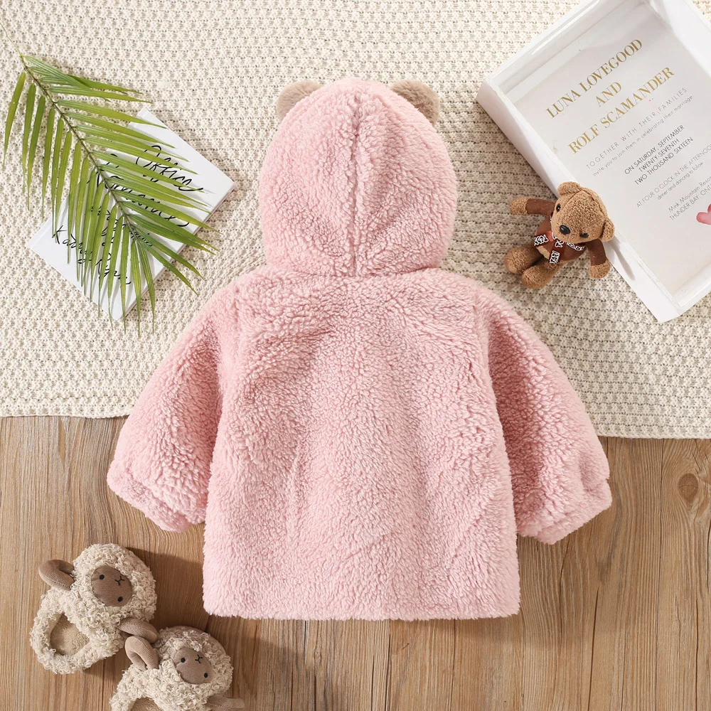 Winter Cute Baby Coat Children\'S Artificial Fur Wool Hooded Cartoon Clothing Children\'S Warm Solid Color Teddy Bear Sweater