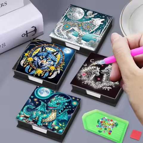 A DIY cartoon Wolf pattern diamond painting art set, paper flip-top label box - suitable for reading, learning and office use
