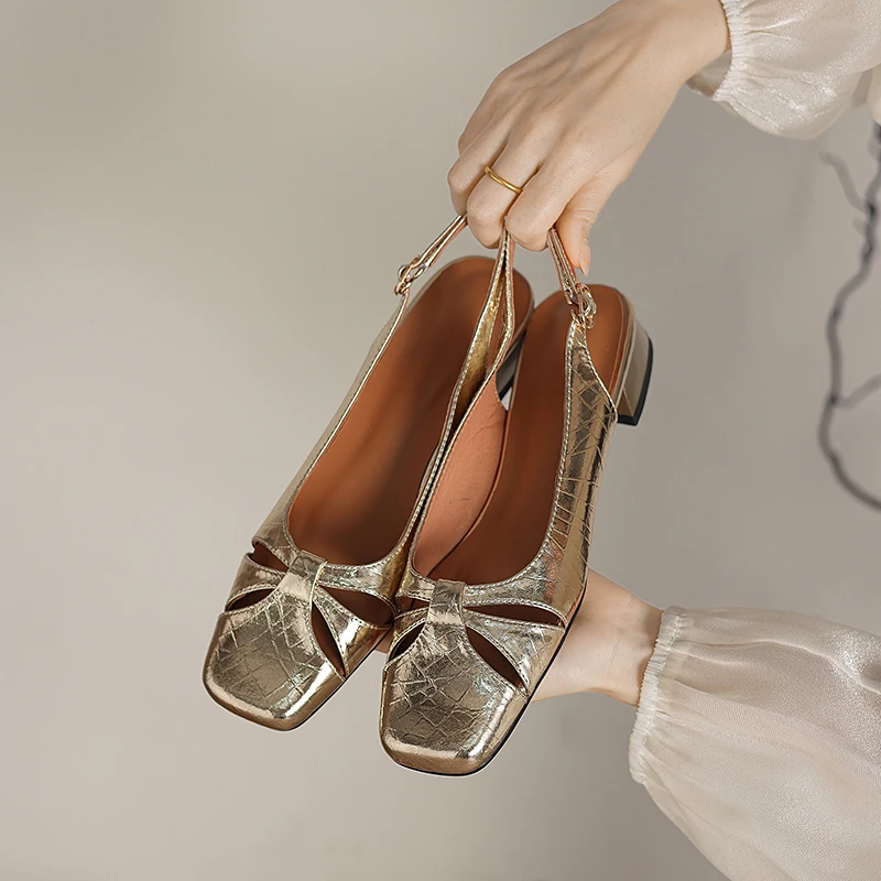 

Handmade Genuine Leather Fashion Design Hollow Out Breathable Women Sandals Comfortable Heeled Sandals Square Head Women Shoes