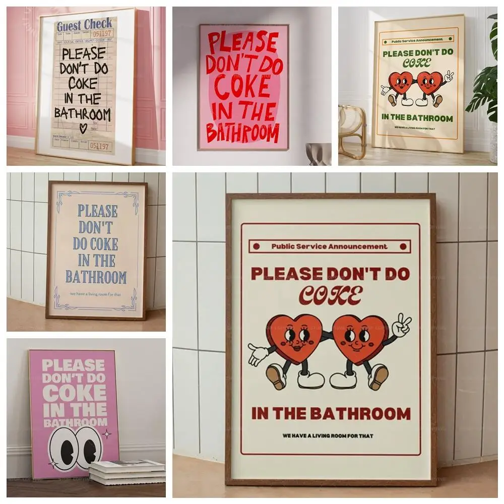 

Retro Please Don't Do Coke In The Bathroom Beige Groovy Animated Hearts Wall Art Canvas Painting Posters Living Room Home Decor