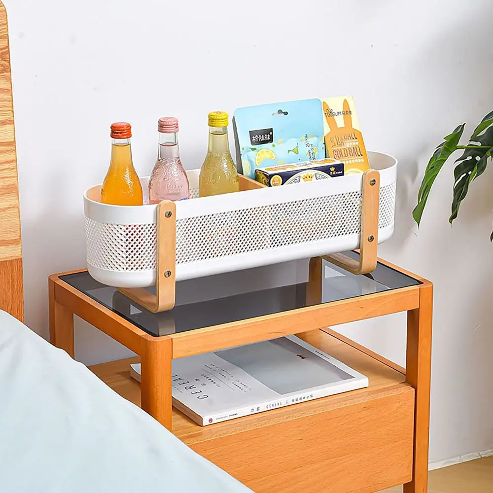 

Detachable Baffle Storage Basket Large Capacity Wooden Handle Plastic Basket Japanese Style Hollow Out Storage Rack Desktop