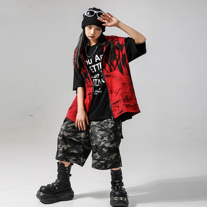 الأطفال قاعة الرقص الهيب هوب أزياء مسرحية للفتيات الأحمر مقنعين القمم التمويه السراويل دعوى الأولاد ملابس الجاز DQS19583