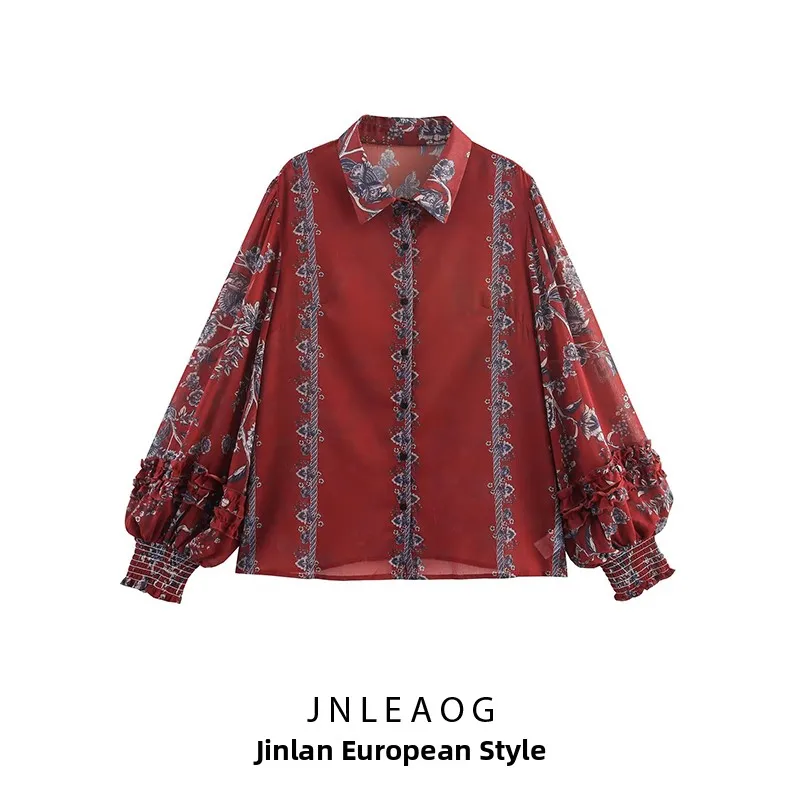 JNLEAOG Outono Novo Feminino Faion Design Sense Tamanho Grande Impresso irt Loose Fit Longo Sve Fibra de Poliéster 00%