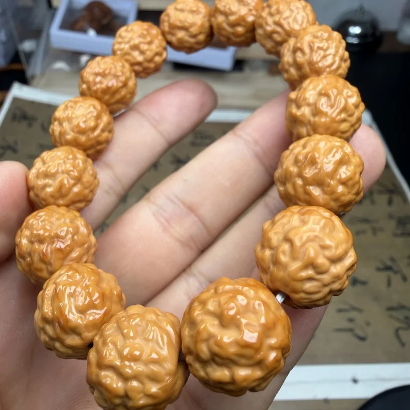 Wenwan Carved Small Su Monkey Head Walnut Bracelet, Beijing Eight-Sided Peach Demon Bead, Single Strand, 15